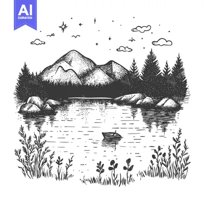 A Black and White Sketch of a Mountain Lake with a Small Boat