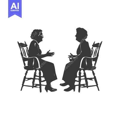 Two Silhouettes of Elderly Women Sitting in Chairs and Talking