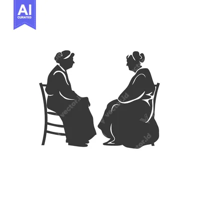 Two Silhouettes of Elderly Women Sitting in Chairs Facing Each Other