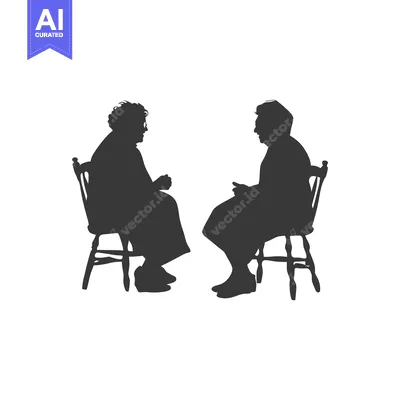 Two Silhouettes of Elderly Women Sitting in Chairs Facing Each Other