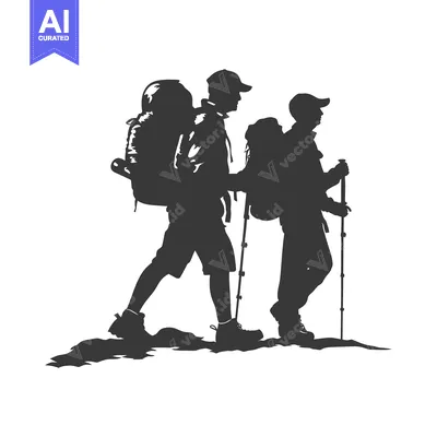 Aset premium populer: Two Silhouettes of Hikers with Backpacks and Trekking Poles