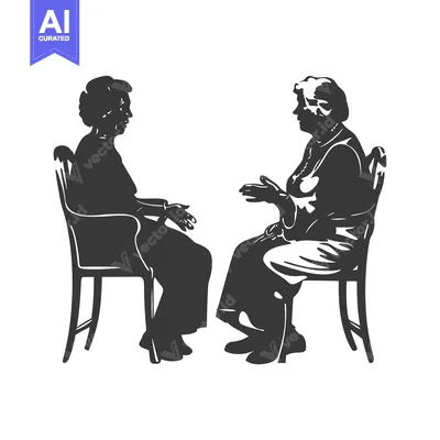 Two Silhouettes of Older Women Sitting in Chairs and Talking