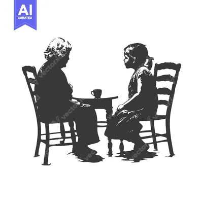 Two Silhouettes of People Sitting at a Table with a Cup