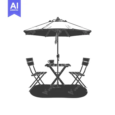 Aset premium populer: A black and white sketch of an outdoor cafe table and chairs with an u