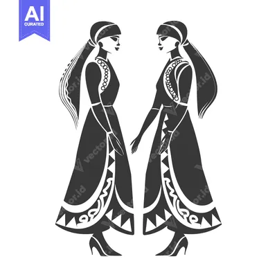 Two Silhouettes of Women in Traditional Dress Facing Each Other