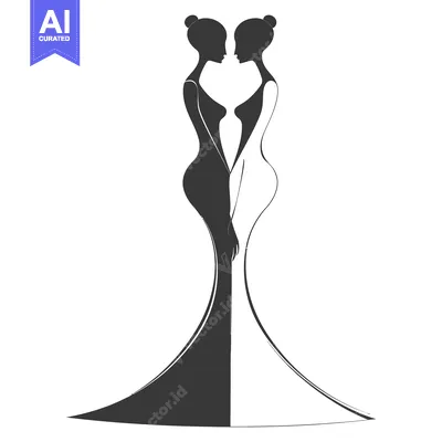 Two Silhouettes of Women in Wedding Dresses Facing Each Other
