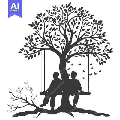 Two Silhouettes Sitting on a Swing Underneath a Tree