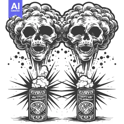 Two Skulls Emerging From Ancient Vessels Surrounded by Smoke and Stars