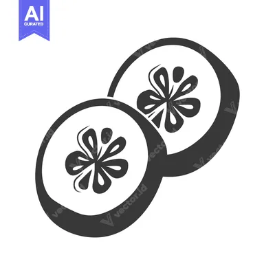 Two Sliced Kiwi Fruit with Seeds Depicted in Black and White