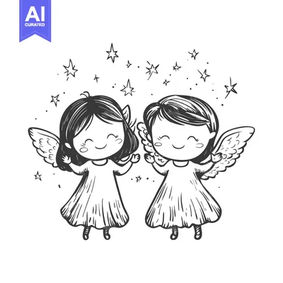 Two Smiling Angels with Wings and Stars
