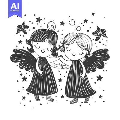 Two Smiling Angels with Wings Holding Hands Surrounded by Stars and He