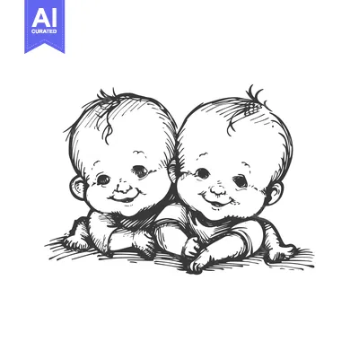 Two Smiling Babies Hugging Each Other in a Black and White Sketch