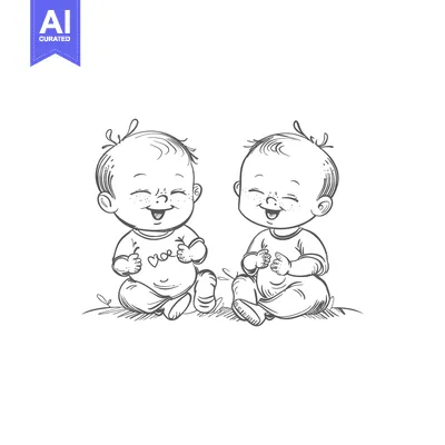 Two Smiling Babies Sitting on the Ground in a Sketch Style