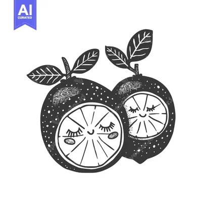 Two Smiling Lemons with Closed Eyes and Leaves