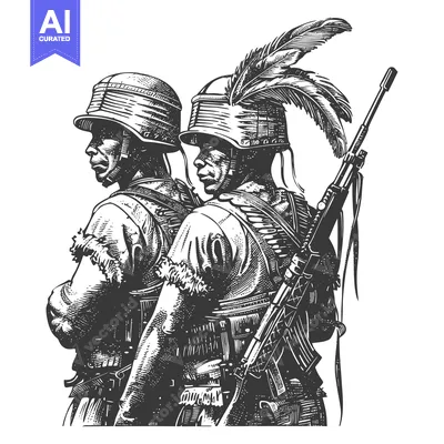 Two Soldiers in Combat Gear, One with Feathers Adorning His Helmet