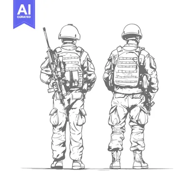 Two Soldiers in Full Combat Gear Standing Back to Back
