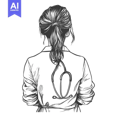 A Black and White Sketch of a Woman Doctor Seen from Behind, with a St