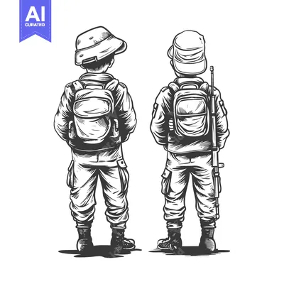 Two Soldiers Standing Back to Back with Backpacks and Weapon
