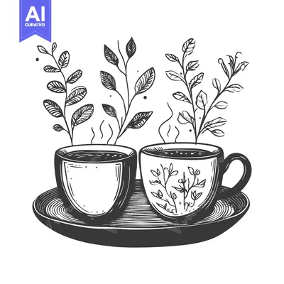 Two steaming cups of coffee with floral design and leaves on a saucer