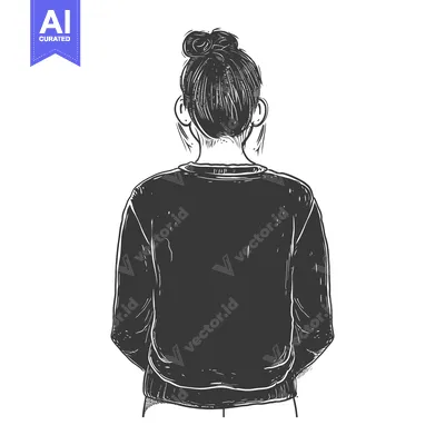 A Black and White Sketch of a Woman with a Bun Facing Away