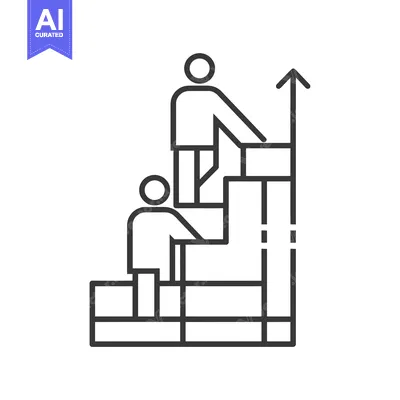 Two stick figures climbing a staircase with an upward arrow