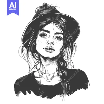 A black and white sketch of a woman with freckles and a bun, wearing a