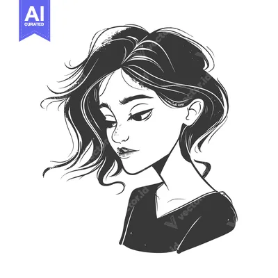 Aset premium populer: A Black and White Sketch of a Woman with Short Hair Looking Down