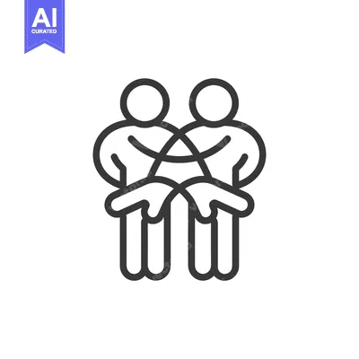 Two stick figures with arms intertwined and hands pointing forward