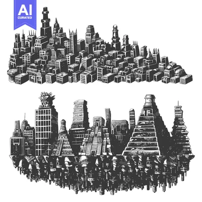 Two Stylized Cityscapes with Tall Buildings and Geometric Structures