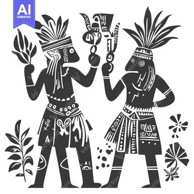 Two Stylized Figures in Traditional Clothing Holding Ceremonial Object