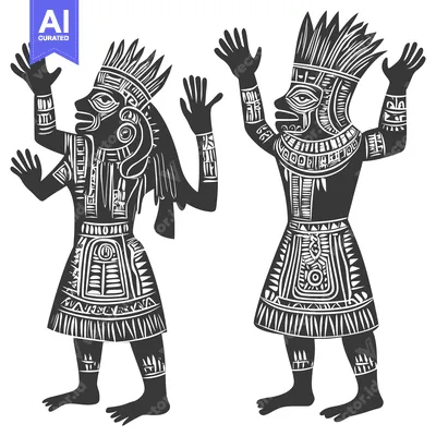 Two Stylized Figures in Traditional Indigenous Attire Raising Their Ha
