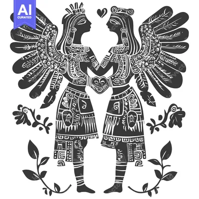 Two Stylized Figures with Feathered Wings and Floral Elements