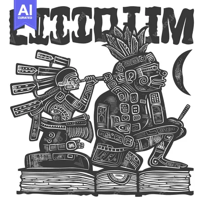 Two Stylized Figures with Geometric Patterns and Feathers, Standing on