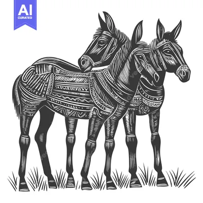 Two Stylized Horses with Geometric Patterns Standing in Grass