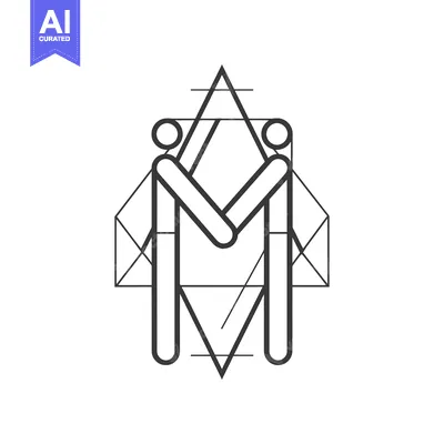 Two stylized human figures embracing within a geometric frame