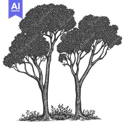 Two Tall Trees with Lush Foliage and a Patch of Bushes at Their Base