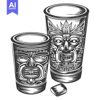 Two Tiki Mugs with Tribal Designs and an Ice Cube