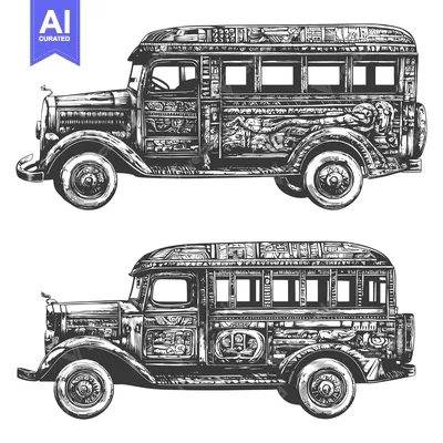 Two Vintage Buses with Detailed Carvings and Intricate Designs