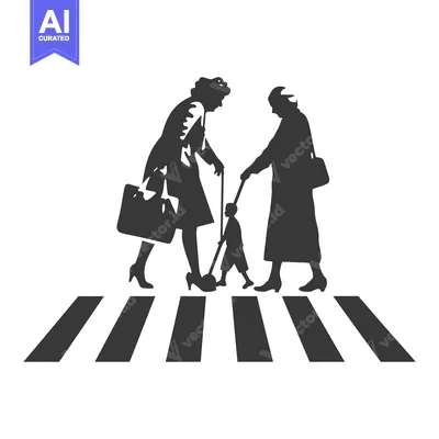 Aset premium populer: Two Women and a Child Crossing a Pedestrian Crosswalk
