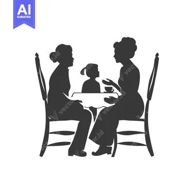 Premium design asset: Two Women and a Child Sitting at a Table with a Cup