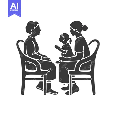 Two women and a child sitting on chairs facing each other
