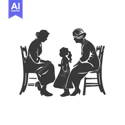 Aset desain premium: Two women and a little girl sitting on chairs