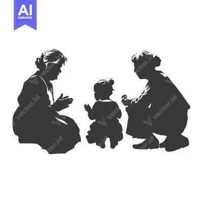 Two women and a young child in silhouette