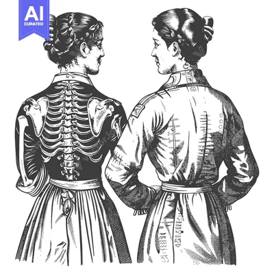Two Women in 19th Century Dress, One with Visible Skeleton