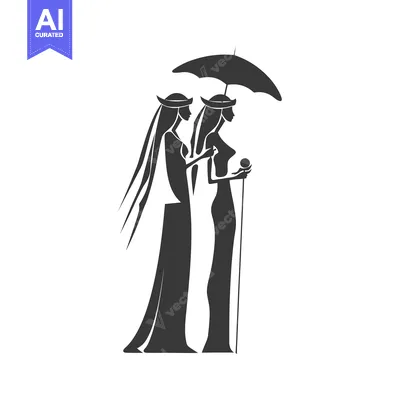 Two Women in Silhouettes Holding an Umbrella and an Orb