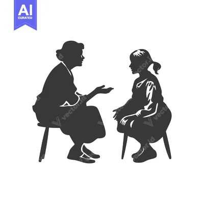 Aset desain premium: Two Women in Silhouettes Sitting and Talking