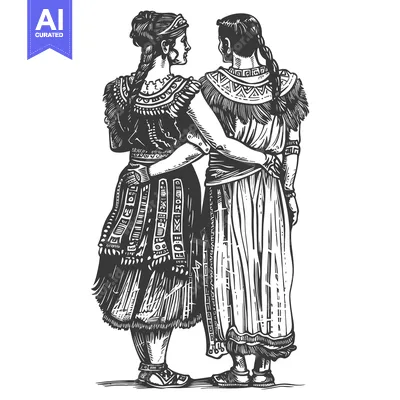Two Women in Traditional Garb Stand Back to Back