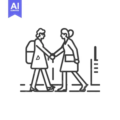 Two women shaking hands while walking in opposite directions