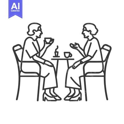 Two Women Sitting at a Table, Drinking Coffee and Talking