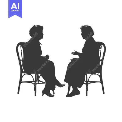 Two women sitting in chairs facing each other, in silhouette